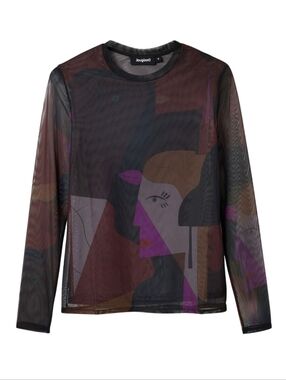 Desigual Sheer Mesh Crew Top Women’s Size Medium Long Sleeve Indie Artsy Grunge